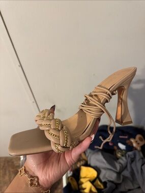 Nude Braided Lace‑Up High Heel Sandal